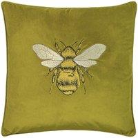 Paoletti Hortus Embroidered Bee Soft Velvet Pipe Trimmed Cushion in Olive | Size: 50 cm x 50 cm