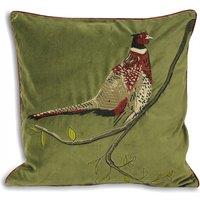 Paoletti Hunter Embroidered Pheasant Velvet Cushion in Green | Size: 45 cm x 45 cm