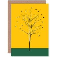 Artery8 Bare Winter Tree With Birds Green Yellow Greetings Card