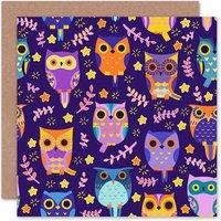 Wee Blue Coo Owl Bird Stars Fern Vibrant Purple Orange Folk Art Card
