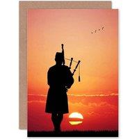 Artery8 Sunset Solitary Scots Piper Silhouette Greetings Card in Orange