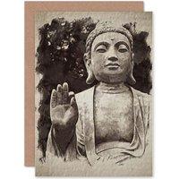 Artery8 Buddha Statue White Stone Meditation Photo Greetings Card in Grey