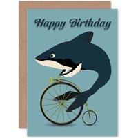Artery8 Happy Birthday Whale Shark Bicycle Penny Farthing Absurd Greetings Card in Blue