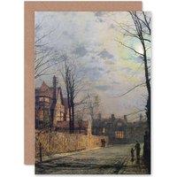 Artery8 John Atkinson Grimshaw Paintings Moonlit Street Scene Greetings Card in Grey
