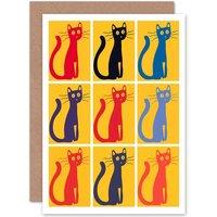 Artery8 Painting Drawing Cat Kitten Tile Tessalation Greetings Card in Yellow