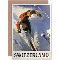 Artery8 Travel Winter Sport Skiing Snow Skiier Switzerland Greetings Card in White