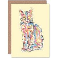 Artery8 Painting Watercolour Animal Bird Nature Pet Cat Kitten Greetings Card in Yellow