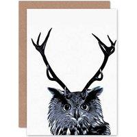 Artery8 Painting Photo Owl Deer Antlers Weird Bizarre Fun Greetings Card in White
