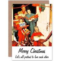 Artery8 Christmas Pretend To Love Each Other Xmas Greetings Card in Red
