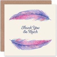 Wee Blue Coo Feather Set Watercolour Paint Purple Pink Thank You Card