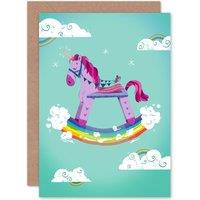 Artery8 Rocking Unicorn Rainbow Greetings Card in Green