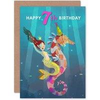 Artery8 Mermaid Seahorse 7th Birthday Greetings Card in Blue