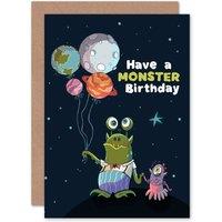 Artery8 Space Balloon Monster Birthday Greetings Card in Dark Blue