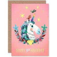 Artery8 Unicorn Flowers 3rd Birthday Greetings Card in Pink