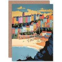 Artery8 Tenby Castle Beach Coastal Town in Wales Linocut Travel Birthday Card