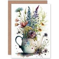 Artery8 Spring Wildflower Floral Bouquet in a Teapot Vase Flowers Nature Birthday Card