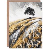 Artery8 Tree in Golden Field of Wheat Painting Landscape Greeting Card in Mustard