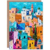 Artery8 Quirky Morocco Cityscape Oil Painting Colourful Greeting Card Birthday in Blue