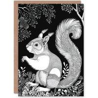 Artery8 Happy Squirrel in Trees Black & White Drawing Greeting Card Birthday