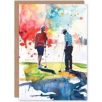 Artery8 Two Friends Golfing Putting Watercolour in Sun Greeting Card Birthday