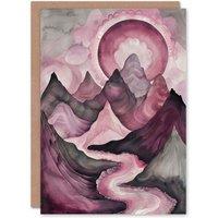 Artery8 Purple Fantasy Mountain Path Sunset Watercolour Birthday Art Card in Pink