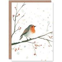 Wee Blue Coo Robin Bird Snow Winter Berry Tree Festive Xmas Blank Christmas Card in White