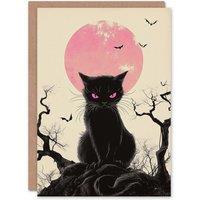Wee Blue Coo Black Cat Scowl Full Moon Bats Trick or Treat Scary Halloween Card in Pink