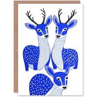 Wee Blue Coo Reindeer Family Bright Blue Modern Folk Art Xmas Christmas Card