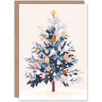 Wee Blue Coo Decorated Tree Pink Orange Baubles Fairy Lights Xmas Christmas Card in White
