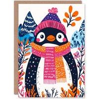 Wee Blue Coo Cute Penguin Winter Hat Scarf Vibrant Cartoon Xmas Christmas Card