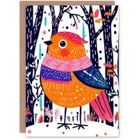 Wee Blue Coo Cute Robin Bird Pink Scarf Winter Forest Folk Art Xmas Christmas Card