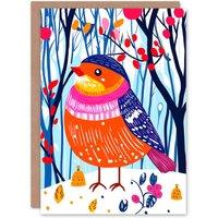 Wee Blue Coo Cute Robin Bird Winter Hat Forest Snow Folk Art Xmas Christmas Card