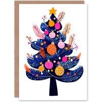 Wee Blue Coo Decorated Tree Vibrant Bold Modern Folk Art Xmas Christmas Card