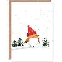 Wee Blue Coo Robin Bird Wearing Winter Hat Snowy Landscape Xmas Christmas Card in White
