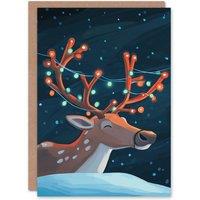Wee Blue Coo Cute Reindeer With String Lights On Antlers Xmas Christmas Card in Dark Blue