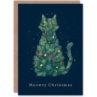 Artery8 Christmas Card Meowry Christmas Tree Cat Silhouette Fun Pun in Blue