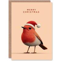 Artery8 Christmas Card Cute Robin Bird Wearing a Santa Hat in Pink