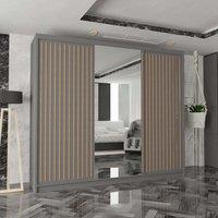 MN Furniture Reno 3 Sliding Door Wardrobe with Mirror & LED Light Oak 250x217cm in Grey | Size: 250x217 cm