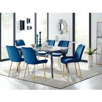 FurnitureboxUK Andria Marble Effect Dining Table With Black Legs & 6 Pesaro Velvet Gold Leg Chairs in Navy