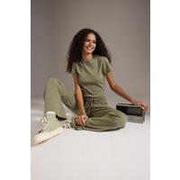 WOVCOR Women's Stretch Woven Crop Top & Trousers Co-Ord Set in Khaki | Size: XL