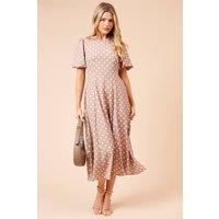 Dorothy Perkins Women's Spot Seamed Body Puff Sleeve Midi Dress in Beige | Size: 8