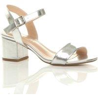 AJVANI Women's Mid Block Heel Ankle Strap Faux Leather Heeled Sandals in Silver | Size: 8
