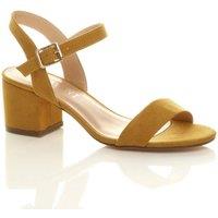 AJVANI Women's Mid Block Heel Ankle Strap Faux Suede Heeled Sandals in Mustard | Size: 8