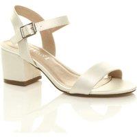 AJVANI Women's Mid Block Heel Ankle Strap Satin Heeled Sandals in Ivory | Size: 3