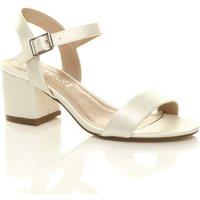 AJVANI Women's Mid Block Heel Ankle Strap Satin Heeled Sandals in Ivory | Size: 4