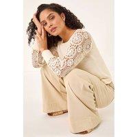 Roman Women's Crochet Sleeve Knit Jumper in Ivory | Size: 12