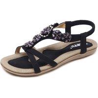 MODISHION Women's Boho Casual Flat Sandals in Black | Size: 6