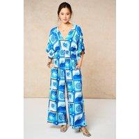 Sarta Women's Sun Checkerboard V Neck Jumpsuit in Blue | Size: Small