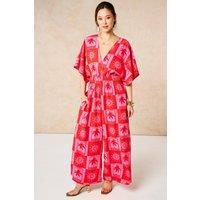Sarta Women's Palm Tree Checkerboard V Neck Jumpsuit in Hot Pink in Bright Pink | Size: Medium