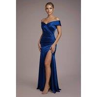Goddiva Women's Satin Off-Shoulder Pleated Maxi Dress in Navy | Size: 16